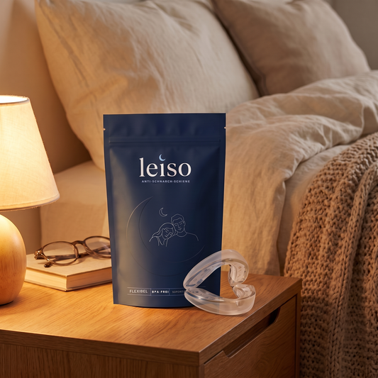 Leiso Pro Anti-Schnarch-Schiene mit Verpackung auf dem Nachttisch